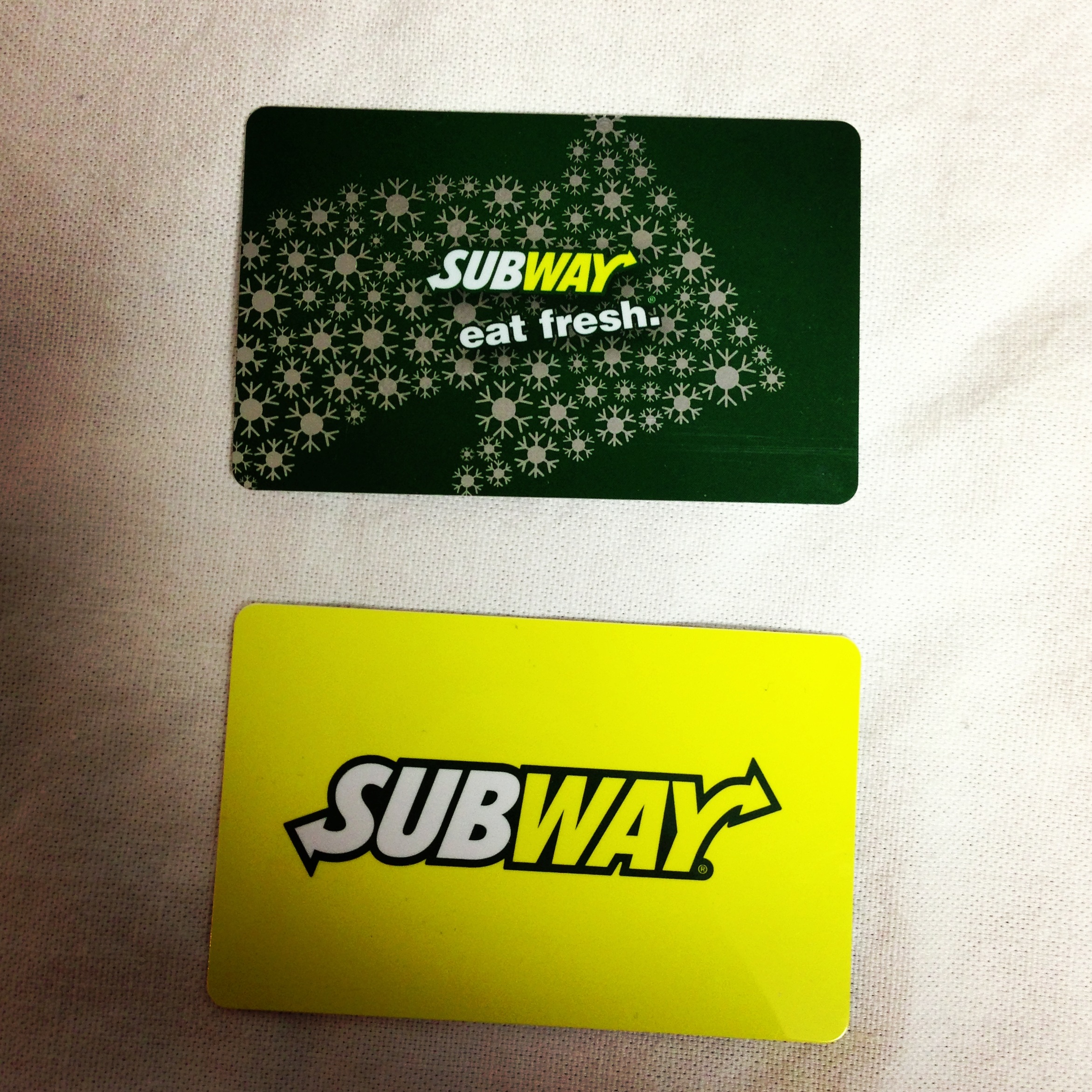 The Subway gift cards I got for Christmas.