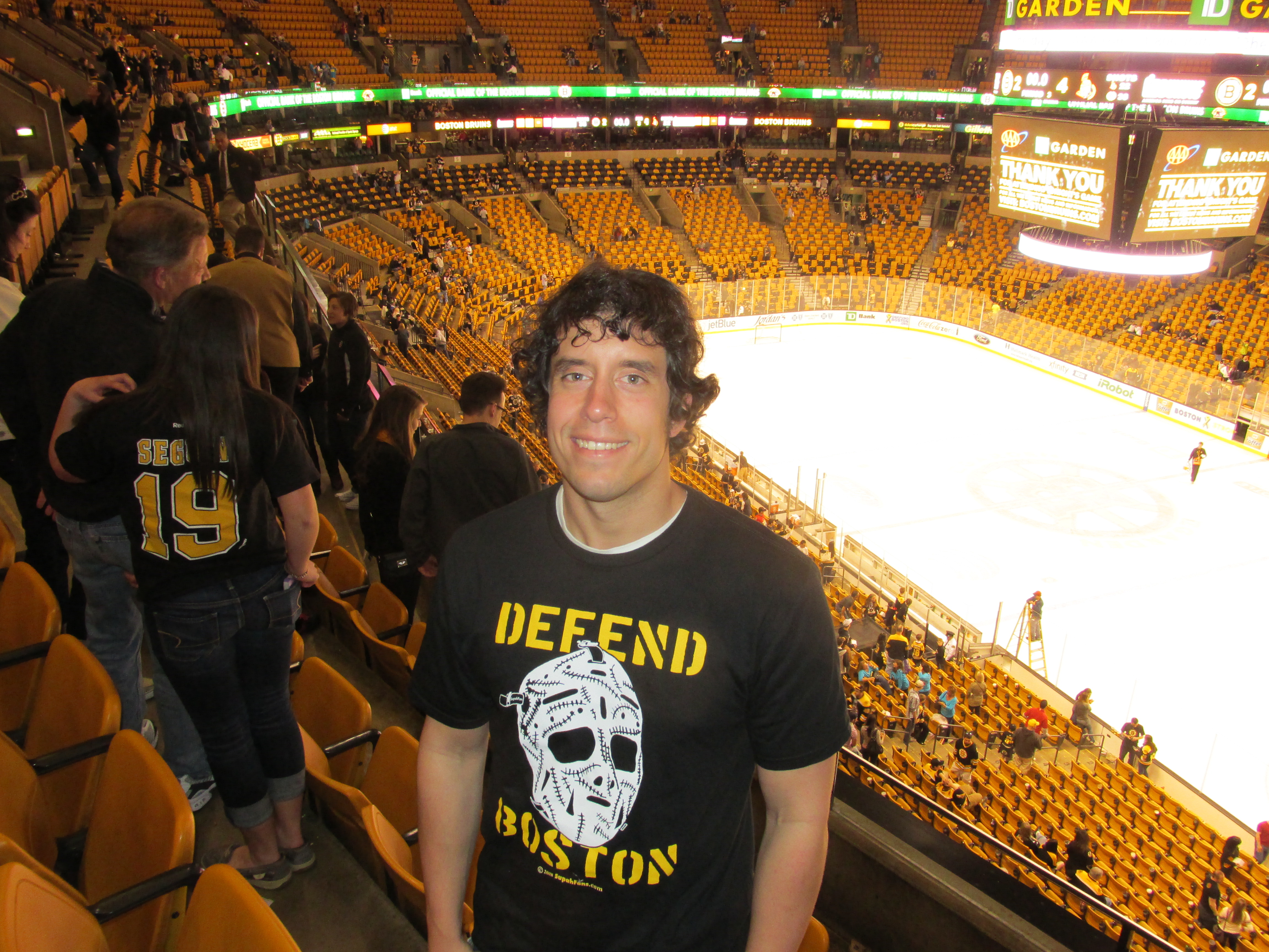 Decked out in my Bruins gear for NHL action.