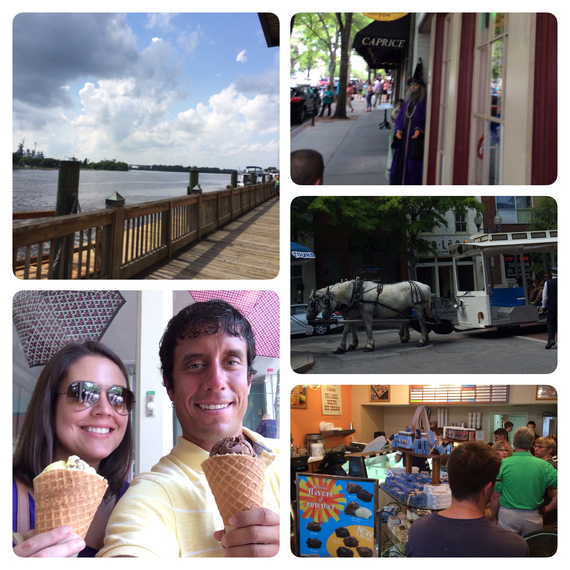 Clockwise: A real life wizard outside the magic store, the horsedrawn carriage, inside Kilwin's, Sid and I with our ice cream, and a view of the water walkway.