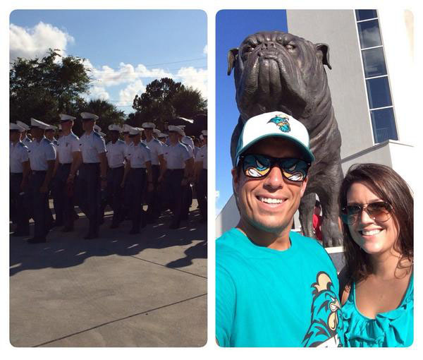 The Cadets marching in and Sidney and I outside by the bulldog.