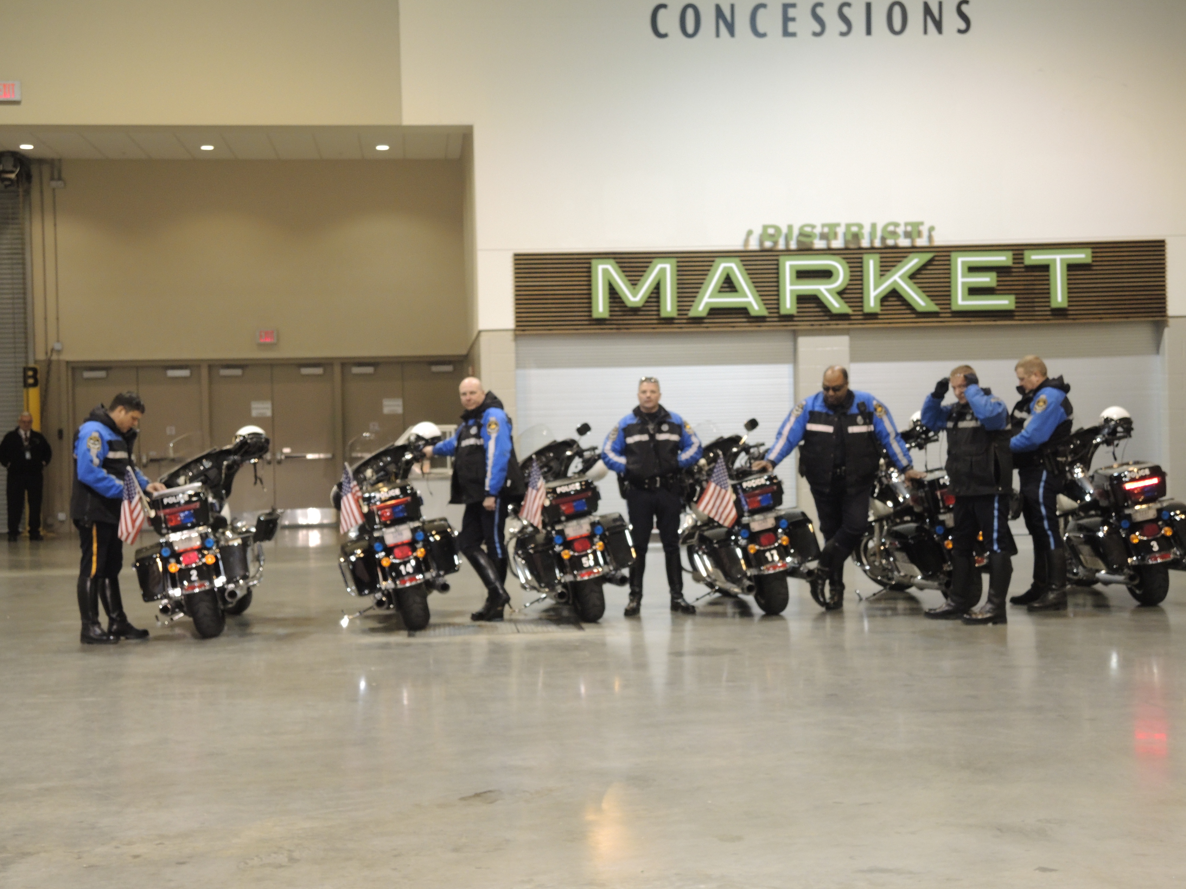 This is the police escort that led our bus to the CenturyLink Center for Thursday night's public practice.