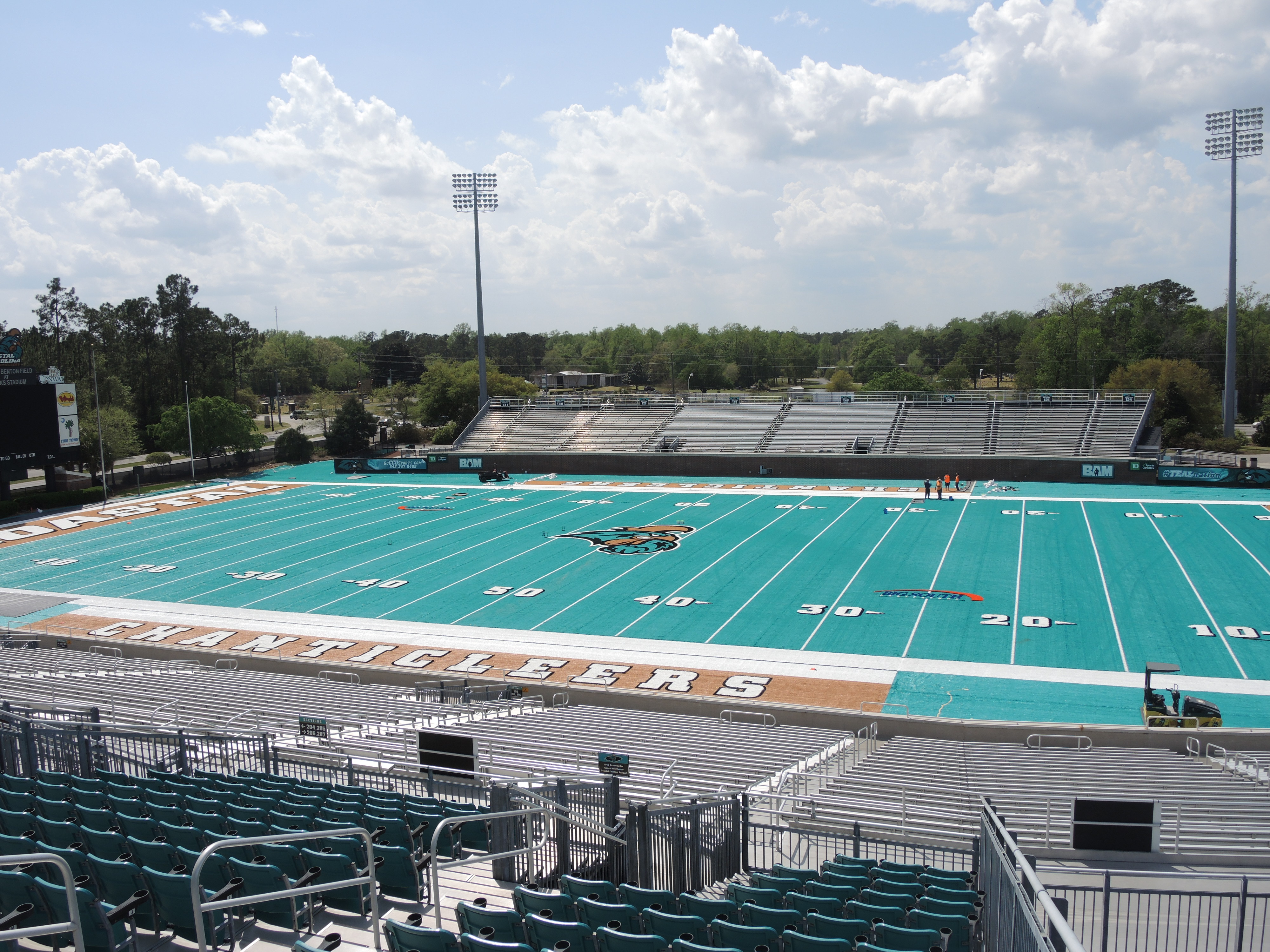 The completed teal turf inside Brooks Stadium at Coastal Carolina University.