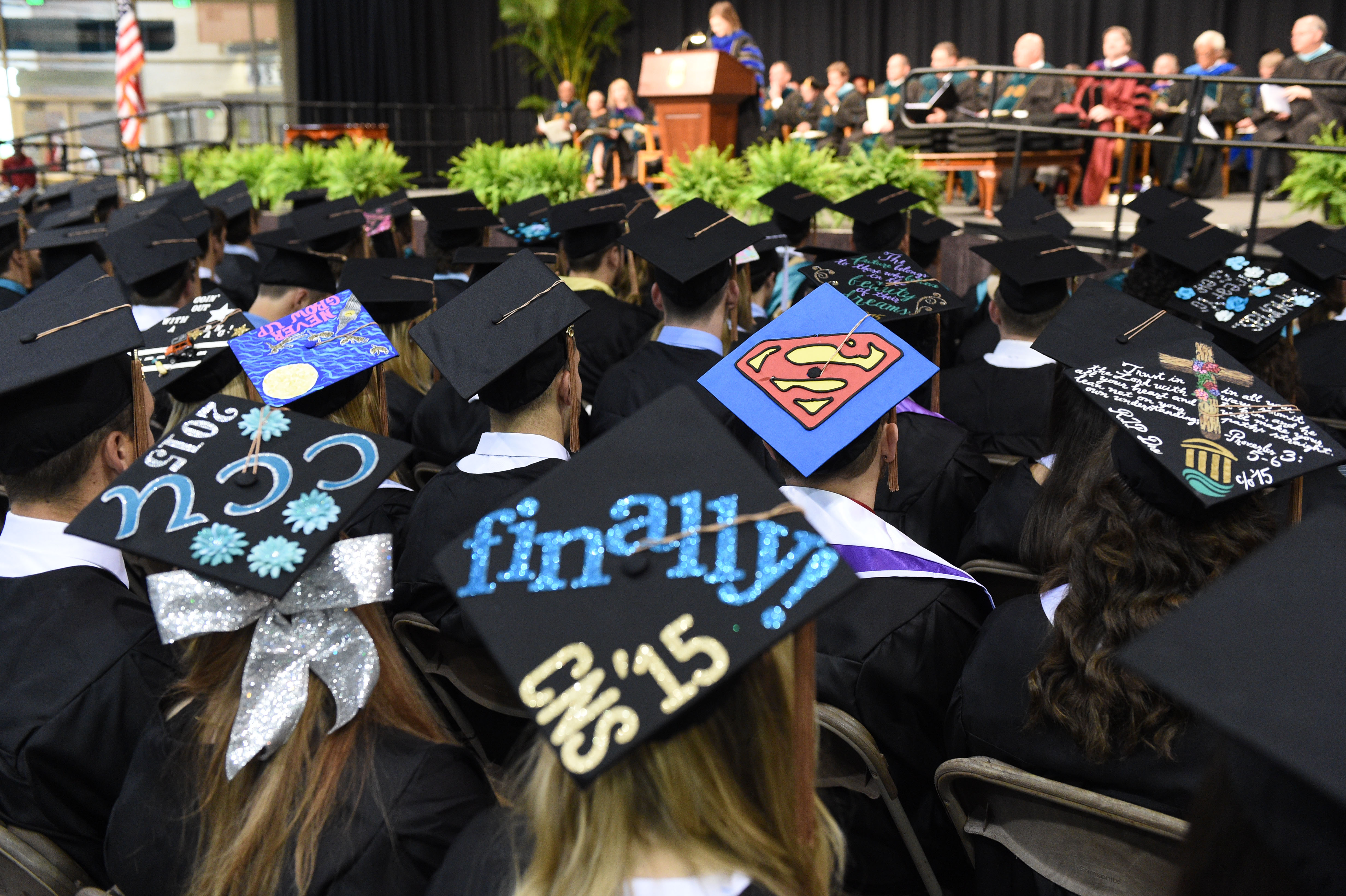 Our students go all out decorating their graduation caps. This photo was taken during the Wall College of Business graduation ceremony on Friday.