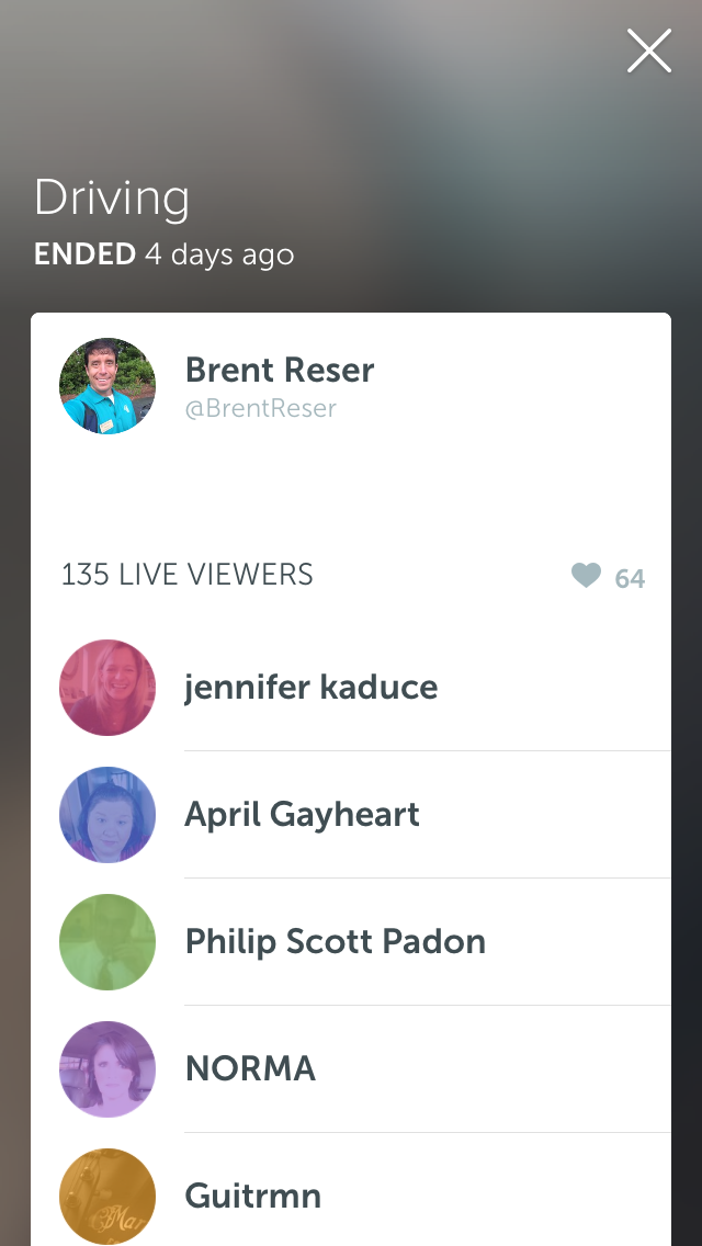 Periscope has great reach. Who would have thought that 135 people would be interested in a live broadcast of me driving?
