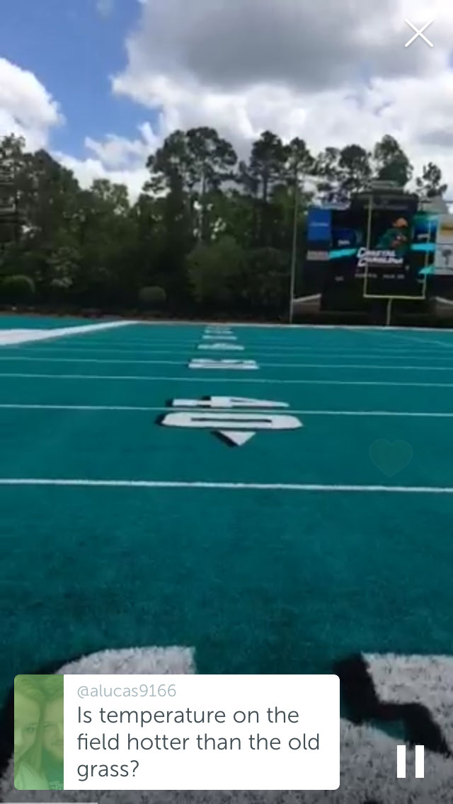 A screen shot from our Periscope live stream broadcast of the teal turf tour. As you can see, someone is asking a question in this instance.
