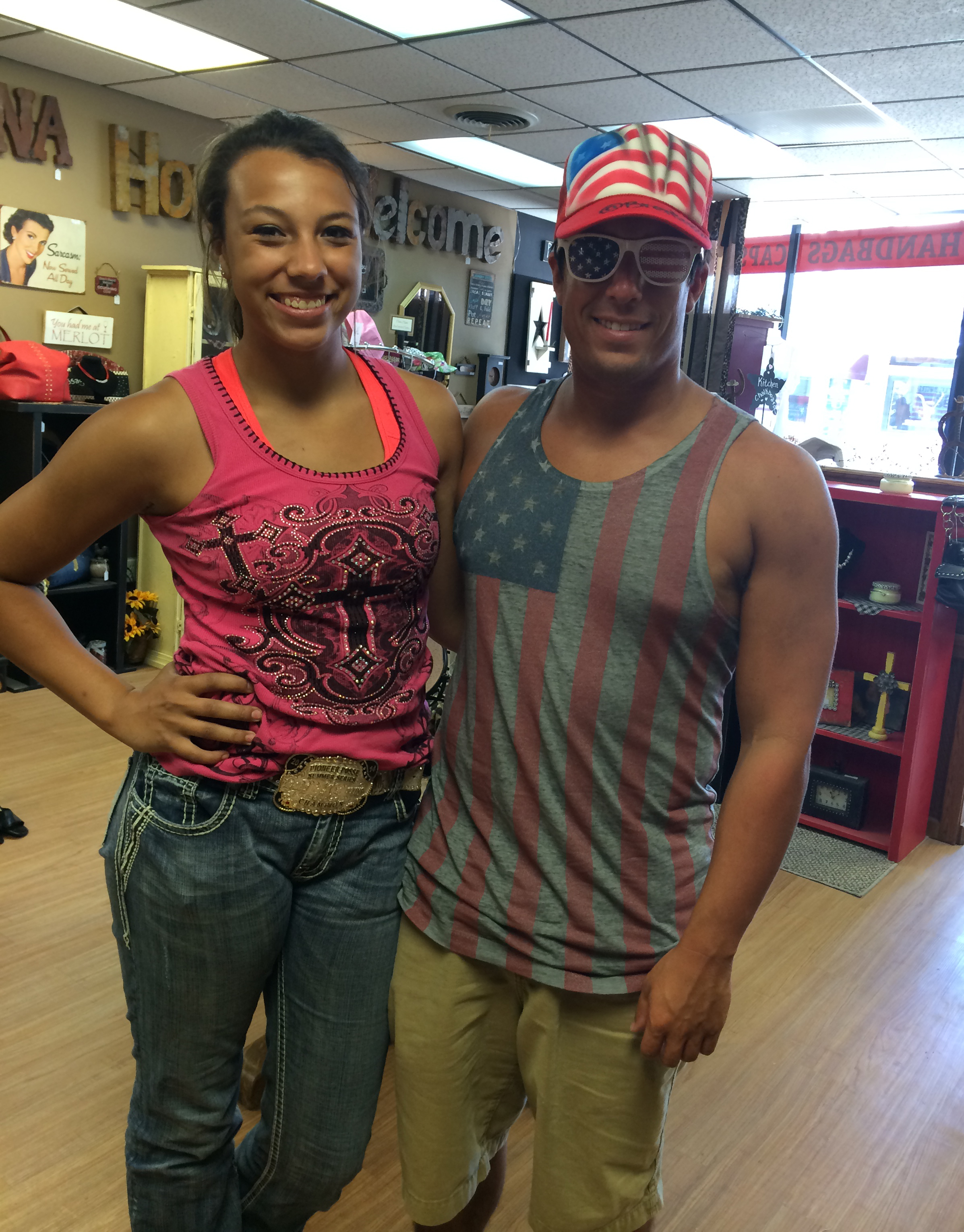 All decked out for the Fourth of July with my cousin Abby in my Aunt Nancy's shop.