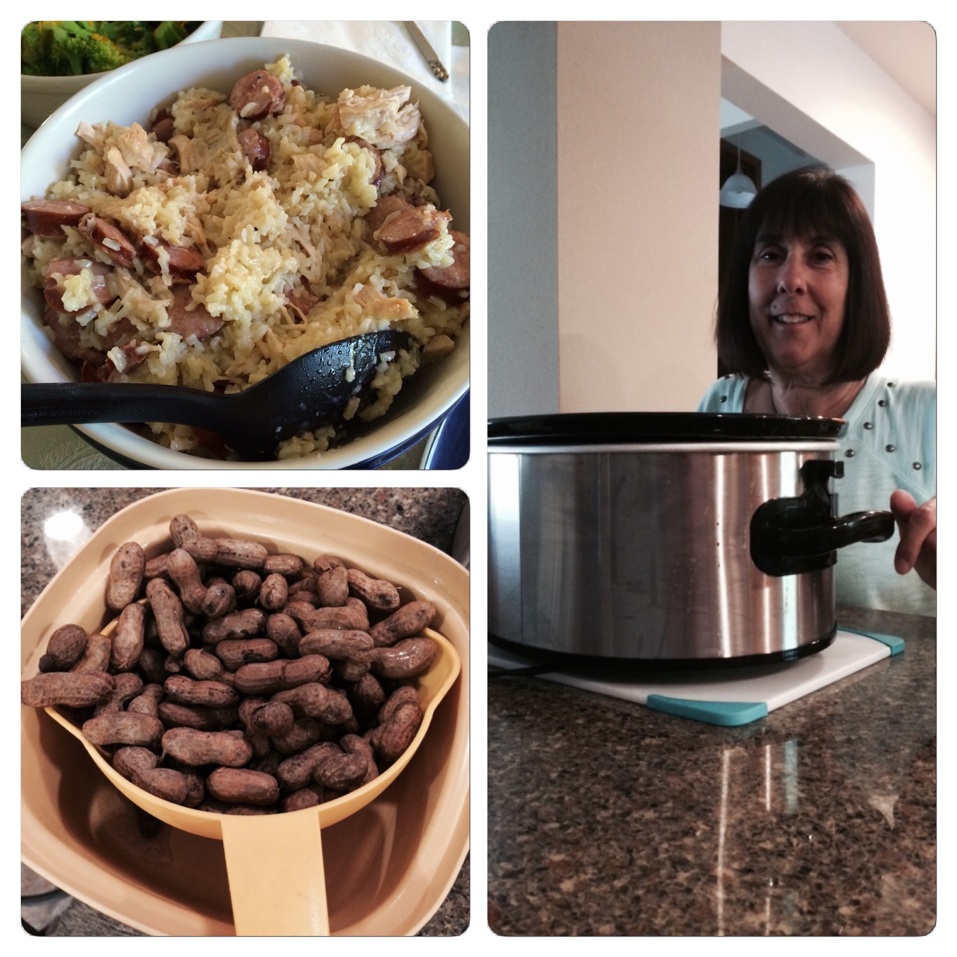 The delicious southern treats we enjoyed over the past few days. Up top is chicken bog, below are boiled peanuts, and the photo on the right is my mom by the crock pot.