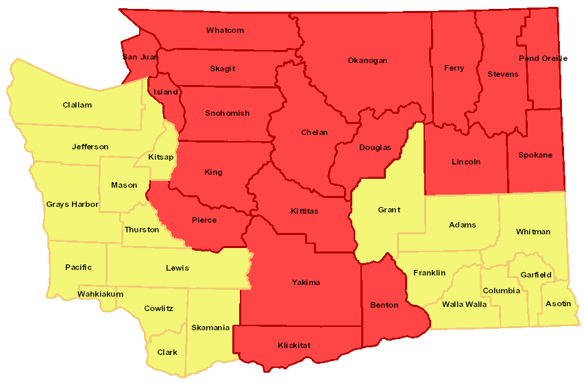 The whole state of Washington is either at high (yellow) or very high/extreme (red) fire danger.