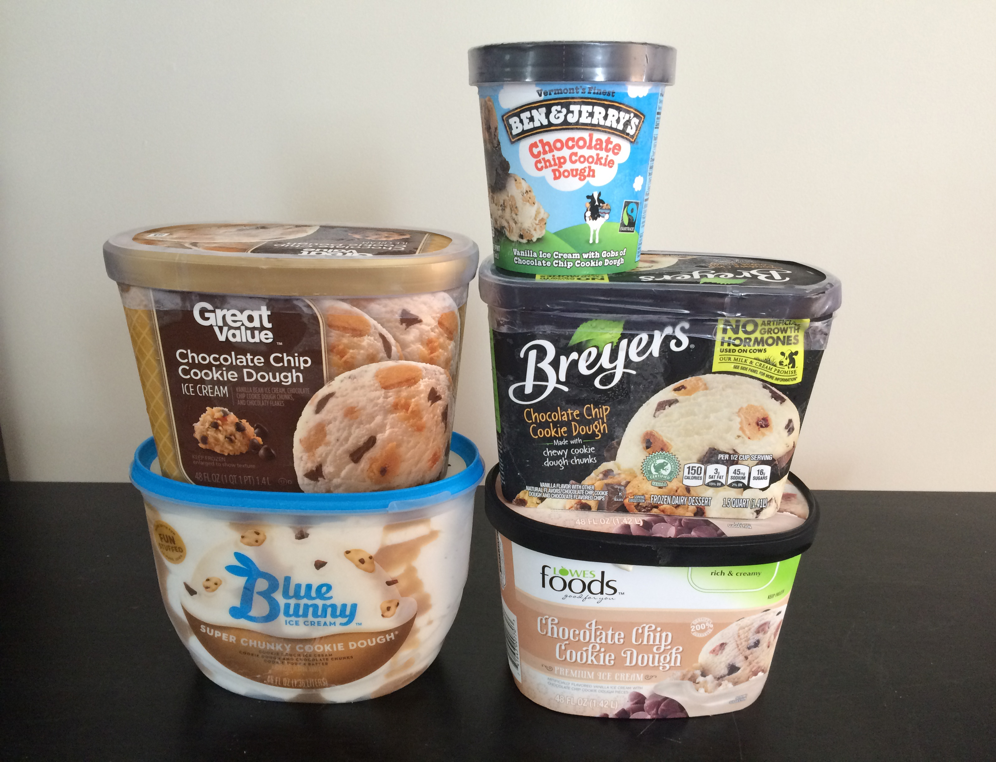 This is the lineup of different cookie dough ice creams I bought this morning.