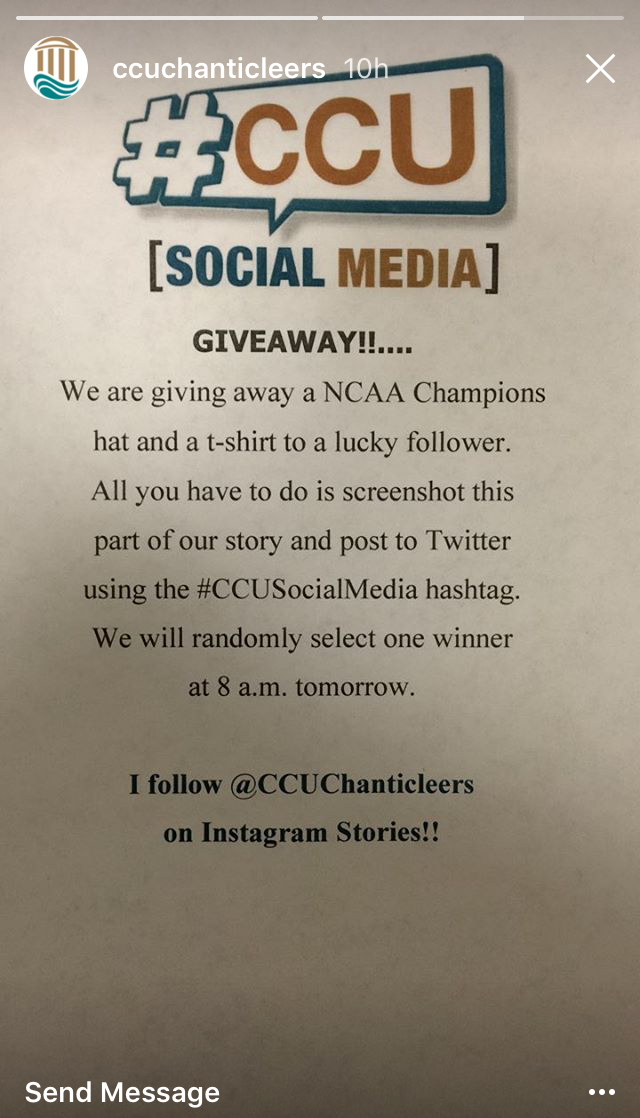 To test how our audience would respond to directions given over Instagram Stories, I posted this on the @ccuchanticleers Instagram account this morning. The response has been fantastic.