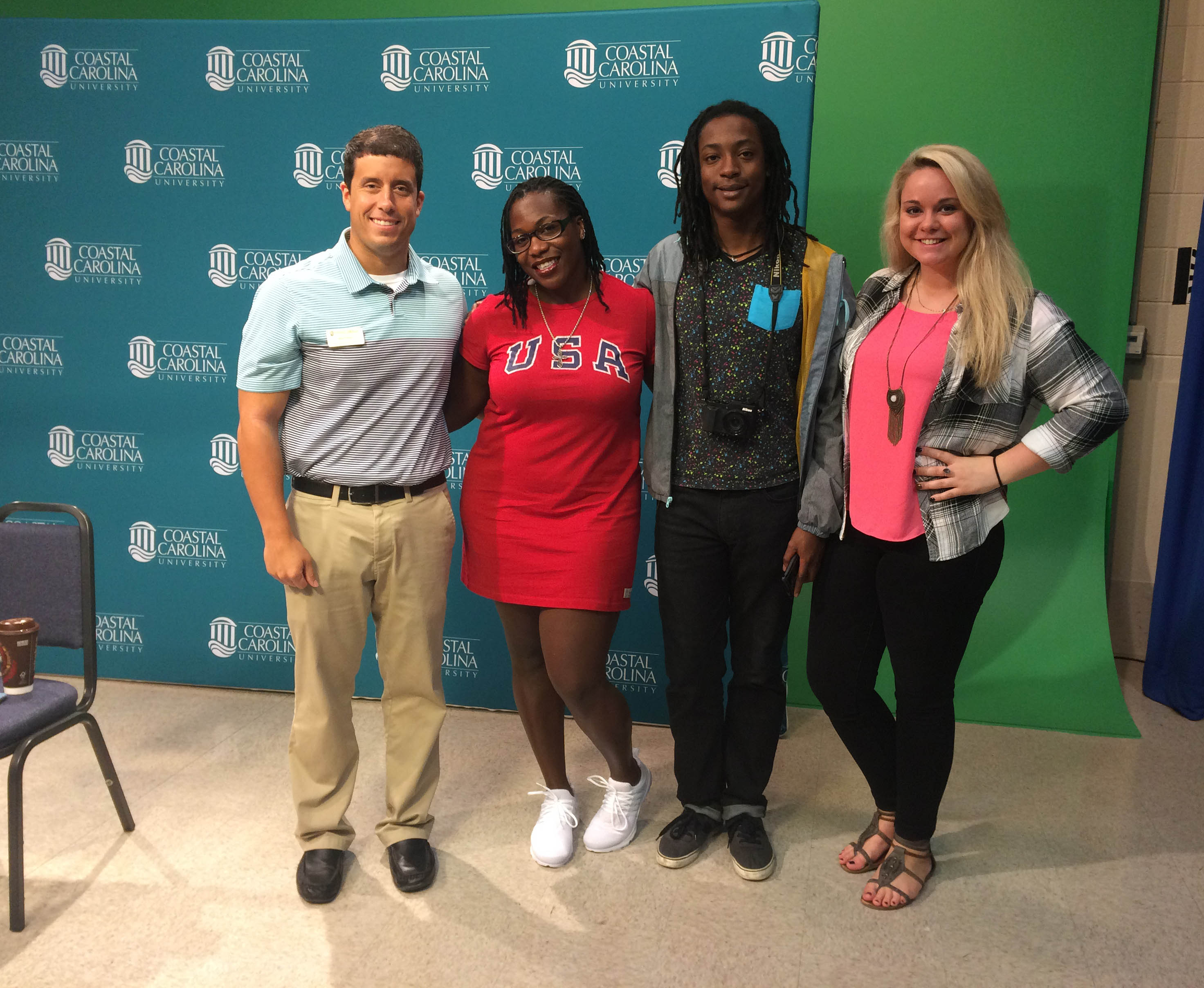 Our social media team with three-time Olympian Amber Campbell today (from l-r: Me, Amber Campbell, Eddie, Lauren).